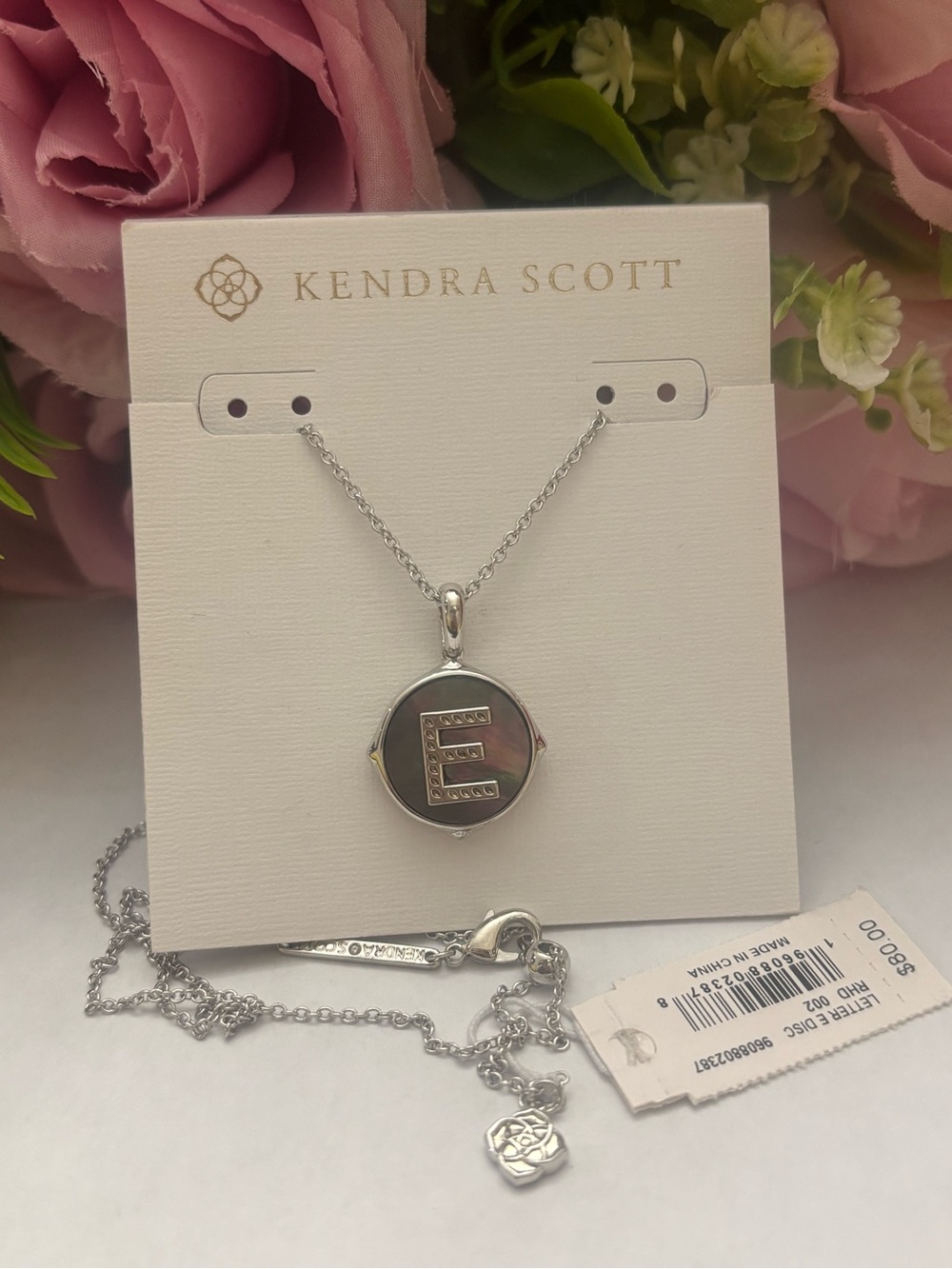 NWT Kendra Scott Letter E Silver Disc Pendant Necklace in Black Mother-of-Pearl